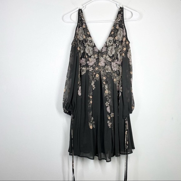 FREE PEOPLE Penny Lover Mini Dress Floral Cold Shoulder Grey Pink Black Sheer XS - Picture 2 of 11